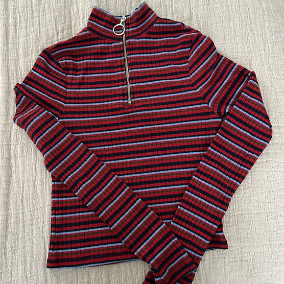 Top Shop | Striped Mock Neck Zip Up Top (US 2) - Picture 2 of 5